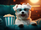 Hundefilme4 KI-Bild: Hund im Kino mit Popkorn